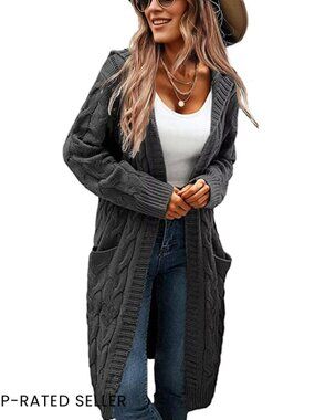 Oversized Chunky Cable Knit Cardigan Hooded Open Front Long Sweater Coat